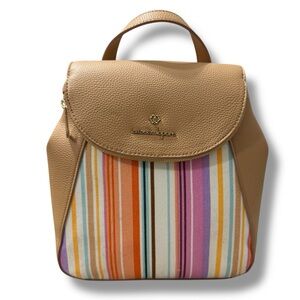 Nanette Lepore Mini Backpack Purse Tan Cream Stripe Canvas